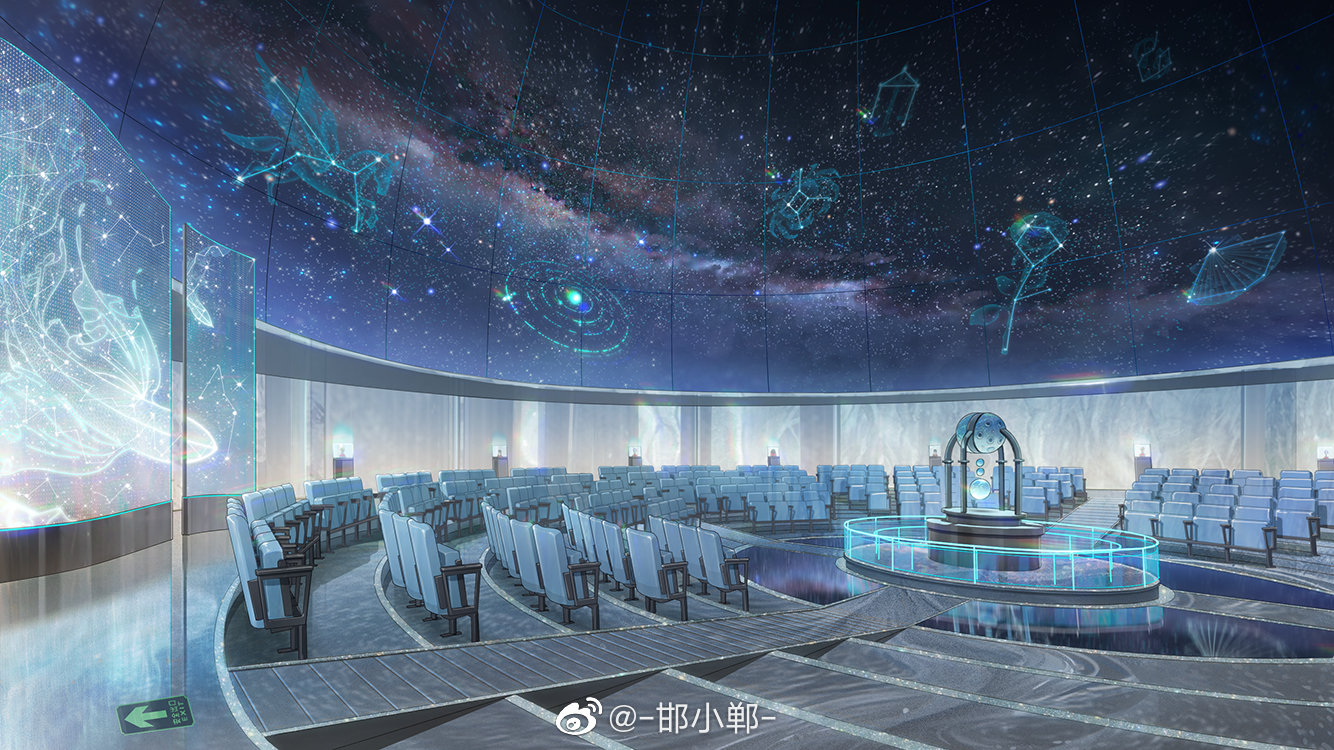 hanxiaodan, lovebrush chronicles, official art, astronomy, cancer (constellation), constellation, constellation request, indoors, night, night sky, no humans, observatory, observatory dome, pegasus (constellation), projector, scenery, screen, sky, stairs, star (sky), star map, starry sky, theater seating, watermark, weibo watermark