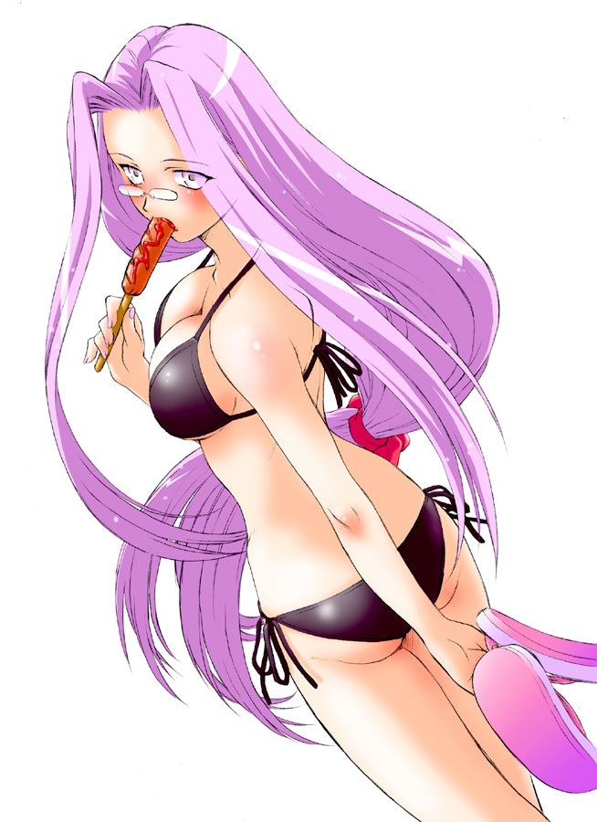 kouda tomohiro, medusa (fate), medusa (rider) (fate), fate/hollow ataraxia, fate/stay night, fate (series), 00s, 1girl, bikini, black bikini, blush, breasts, cleavage, female focus, flip-flops, glasses, hot dog, long hair, low-tied long hair, purple eyes, purple hair, sandals, side-tie bikini bottom, simple background, solo, square pupils, swimsuit, very long hair, white background