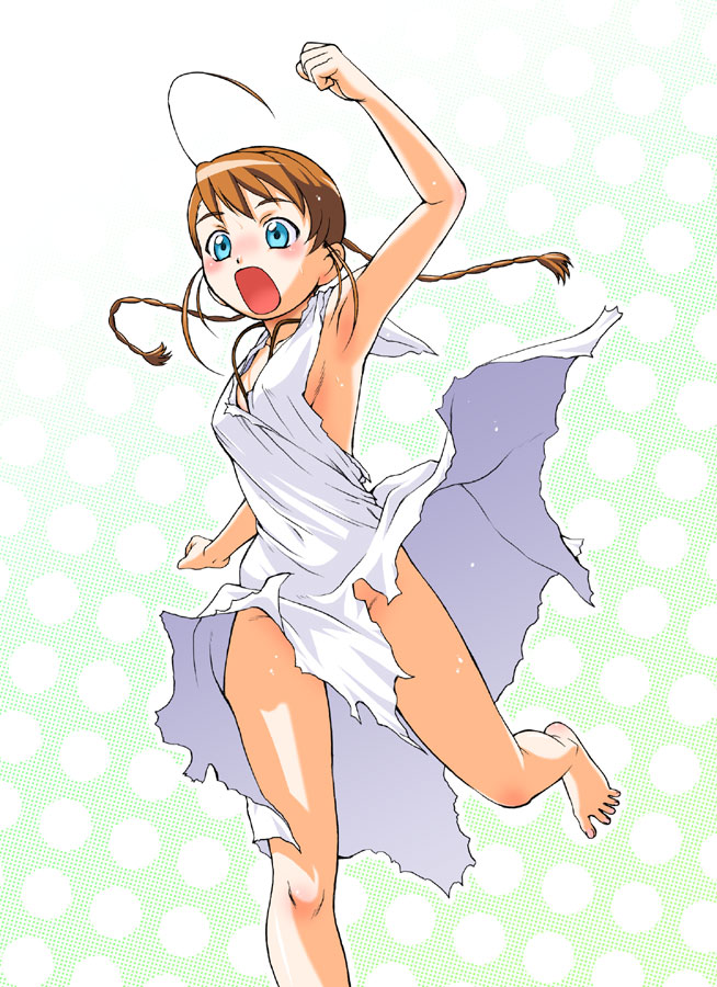 kouda tomohiro, arika yumemiya, my-otome, 00s, ahoge, armpits, barefoot, blue eyes, brown eyes, brown hair, dress, feet, long hair, solo, torn clothes