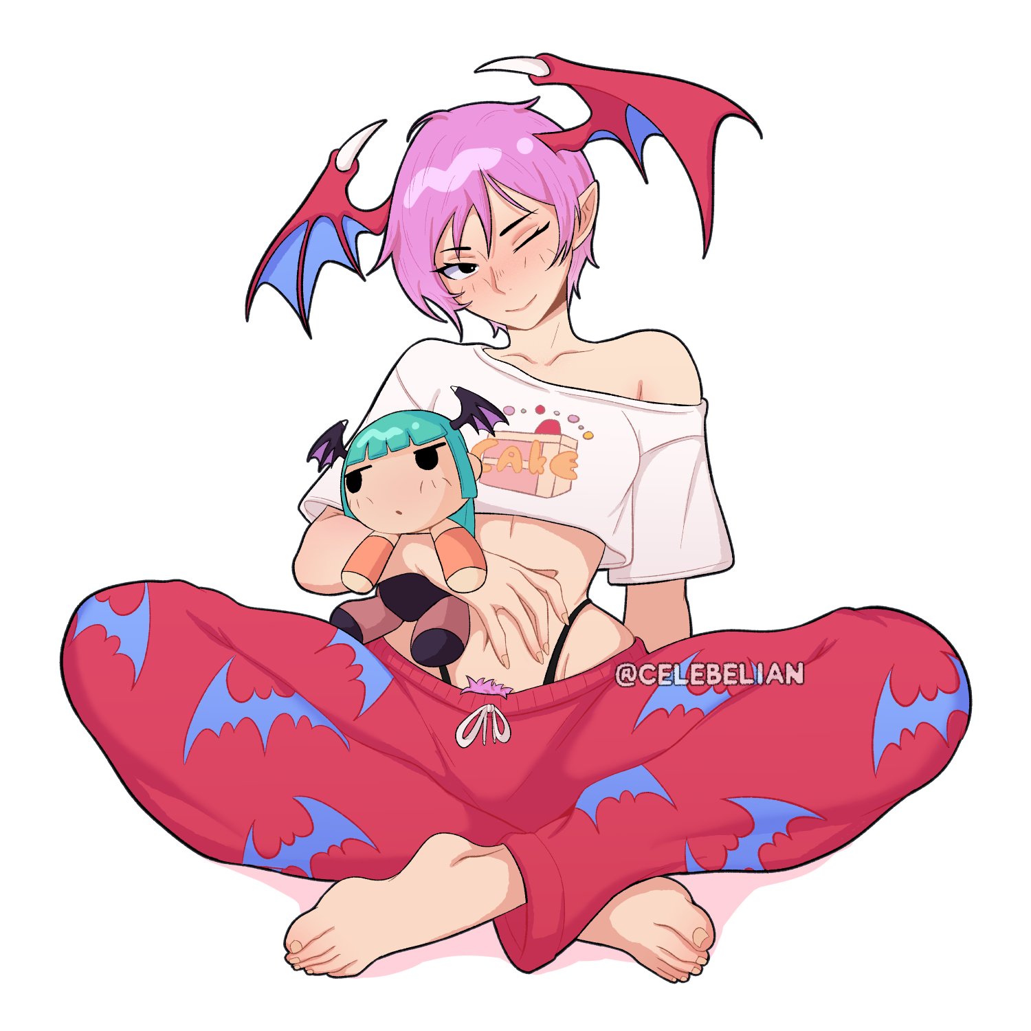 celebelian, lilith (darkstalkers), morrigan aensland, darkstalkers, highres, 1girl, alternate costume, black eyes, black panties, blush, breasts, closed mouth, collarbone, cropped shirt, demon girl, demon wings, eyelashes, female pubic hair, full body, head wings, highleg, highleg panties, one eye closed, panties, pants, pointy ears, pubic hair, purple eyes, red pants, shirt, short hair, simple background, single bare shoulder, single off shoulder, sitting, small breasts, smile, solo, stuffed toy, twitter username, underwear, white background, white shirt, wings