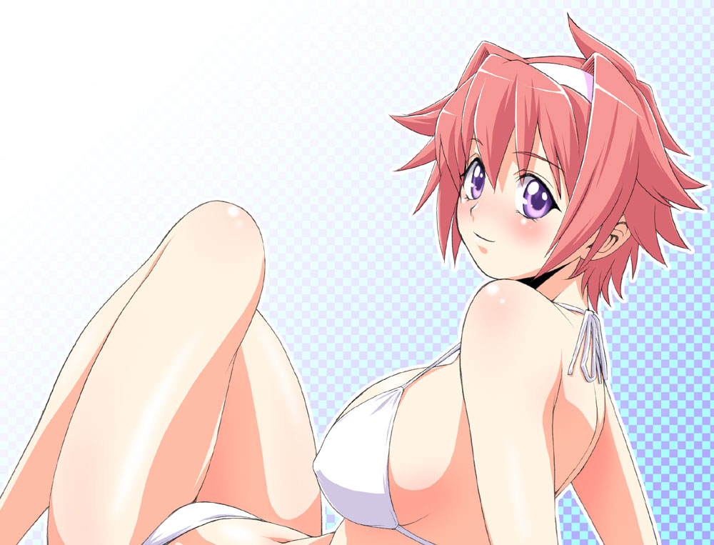 kouda tomohiro, terumo masumi, seka x seka, sekaxseka, 1girl, bikini, blush, breasts, cleavage, covered erect nipples, female focus, hairband, halterneck, large breasts, pink hair, purple eyes, short hair, sideboob, smile, solo, swimsuit, white bikini