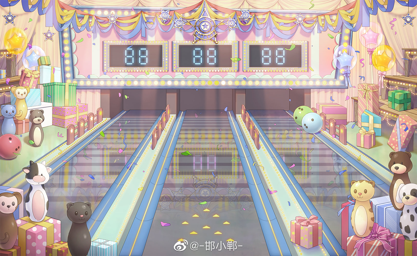 hanxiaodan, lovebrush chronicles, game cg, highres, official art, score, ball, balloon, bowling alley, bowling ball, bowling pin, box, confetti, fence, gift, gift box, no humans, picket fence, reflective floor, scenery, star (symbol), star balloon, themed object, watermark, weibo watermark, wooden fence