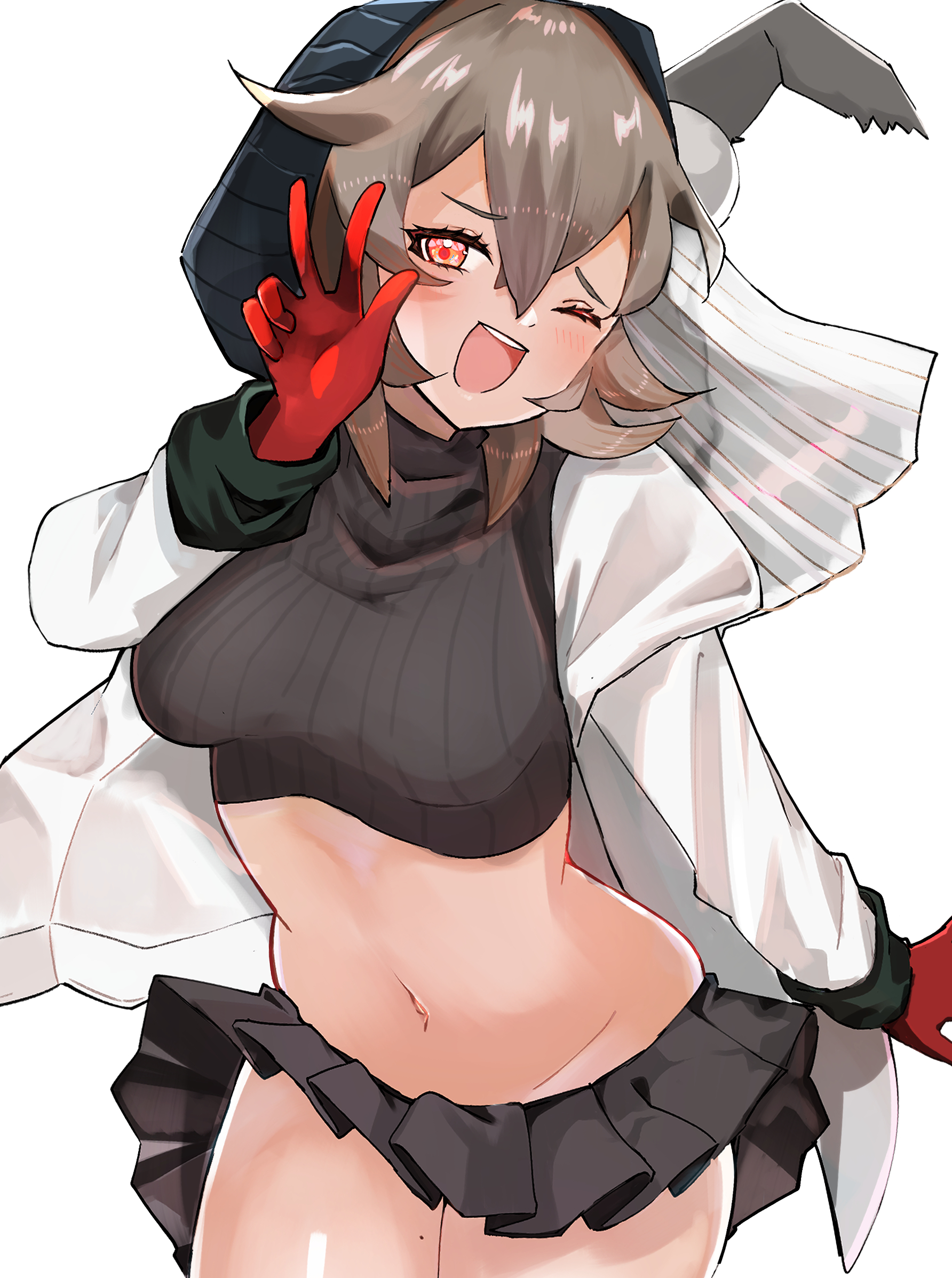 kurakak6, caper (arknights), arknights, commentary request, highres, 1girl, animal ear fluff, animal ears, bandeau, black bandeau, black hood, blush, breasts, brown hair, ears through hood, gloves, hair between eyes, jacket, looking at viewer, midriff, mole, mole on thigh, navel, one eye closed, open mouth, rabbit ears, rabbit girl, red eyes, red gloves, red socks, short hair, simple background, socks, solo, w, white background, white jacket