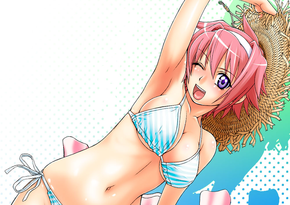 kouda tomohiro, terumo masumi, seka x seka, bikini, hat, midriff, pink hair, purple eyes, straw hat, swimsuit