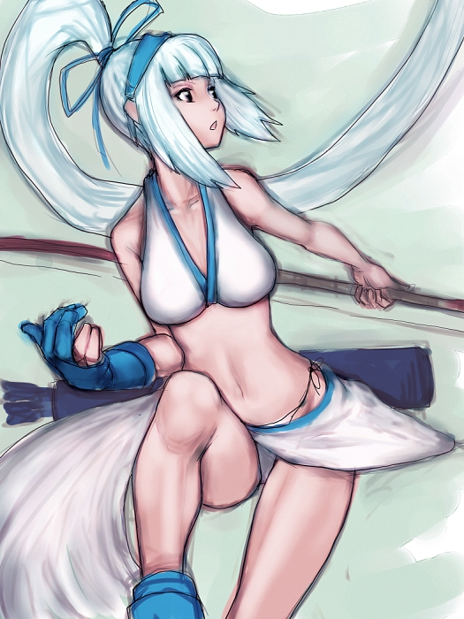 fumio (rsqkr), majikina mina, samurai spirits, snk, 1girl, bow (weapon), curvy, female focus, gloves, hairband, long hair, midriff, ponytail, solo, weapon, white hair
