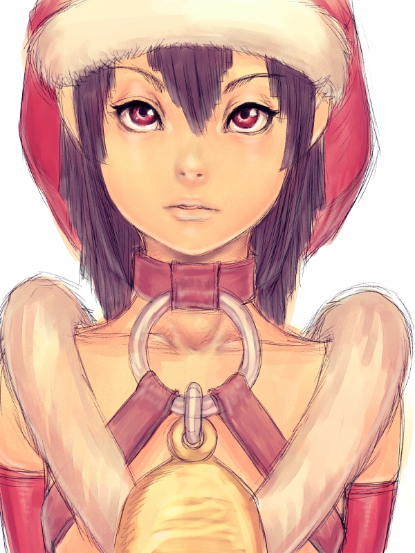 fumio (rsqkr), original, 1girl, bell, black hair, christmas, collar, female focus, hat, leather, nose, red eyes, santa costume, santa hat, short hair, solo, strappy