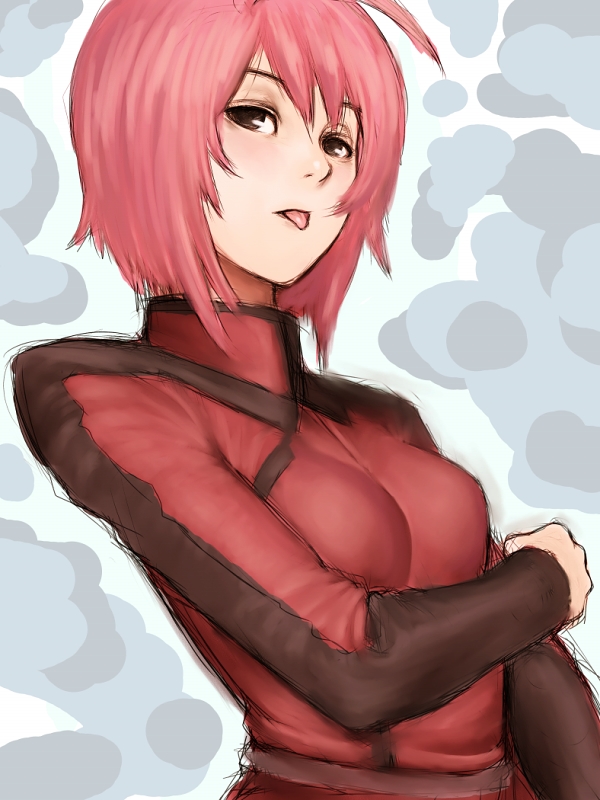 fumio (rsqkr), lunamaria hawke, gundam, gundam seed, gundam seed destiny, 00s, 1girl, :p, ahoge, bodysuit, female focus, looking at viewer, red eyes, red hair, short hair, skin tight, solo, tongue, tongue out, upper body