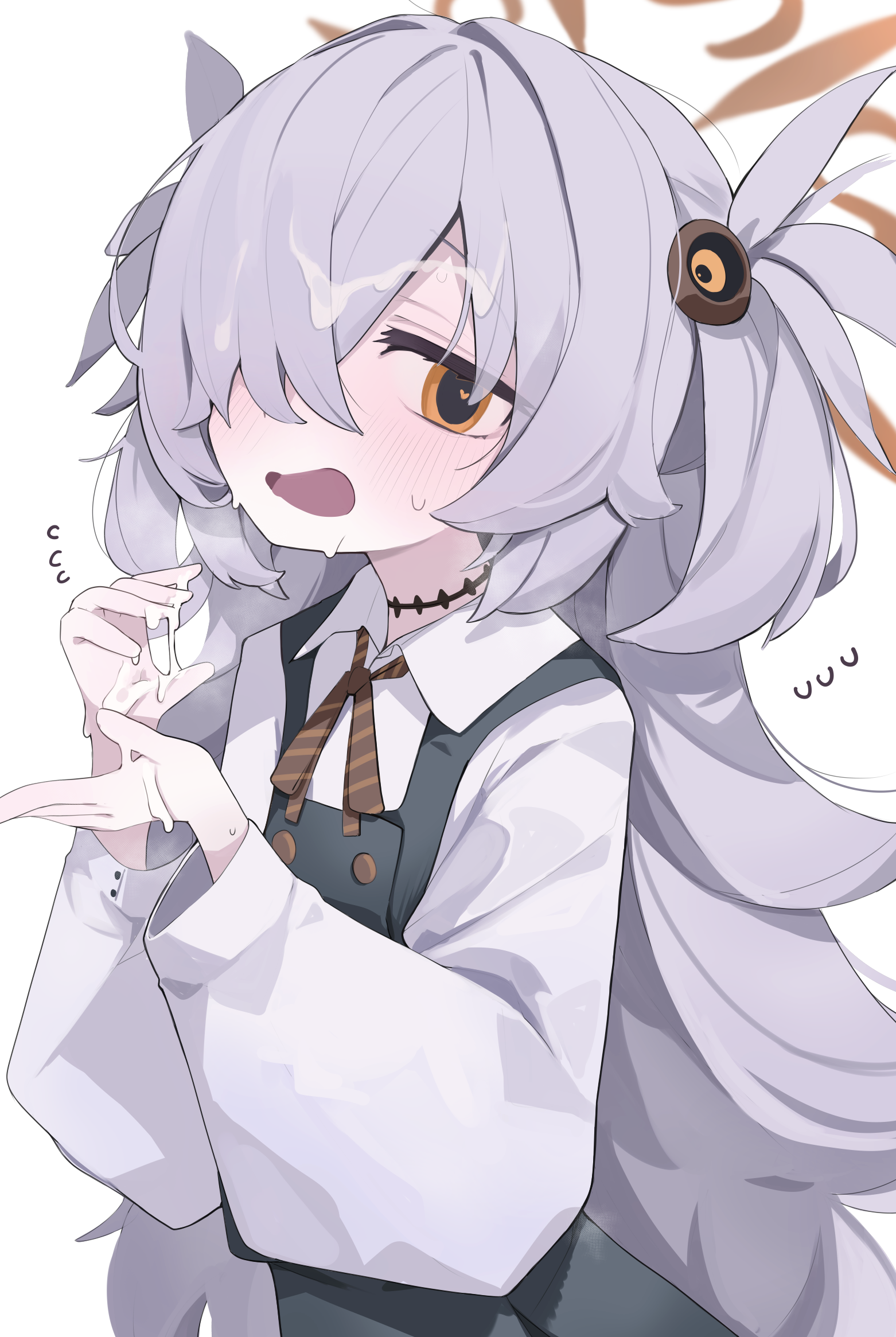 mikozin, kanoe (blue archive), blue archive, highres, 1girl, black choker, brown eyes, brown halo, choker, cum, cum on body, cum on hair, cum on hands, facial, grey hair, hair over one eye, halo, heart, heart-shaped pupils, long hair, long sleeves, looking at viewer, shirt, simple background, solo, symbol-shaped pupils, two side up, white background, white shirt