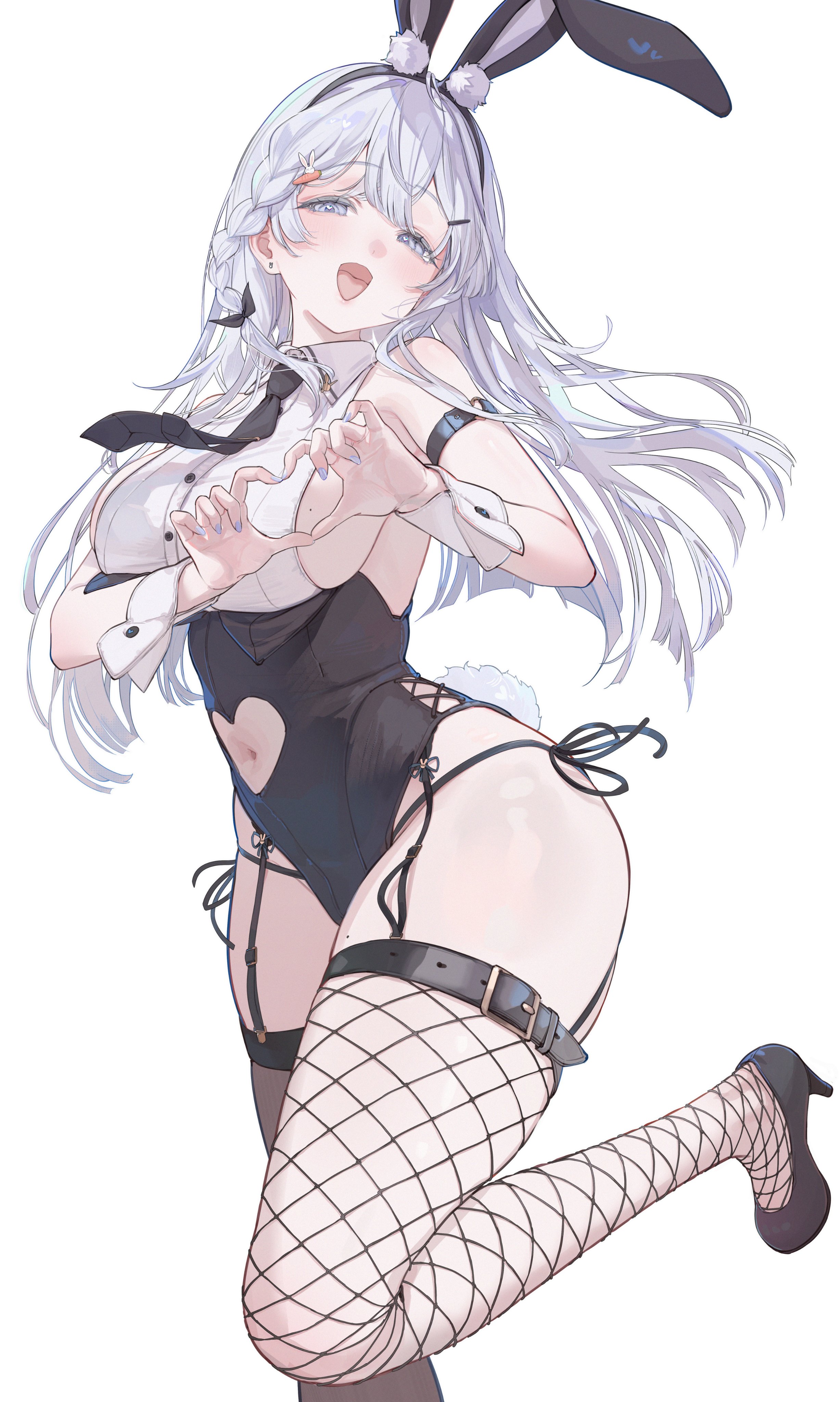 karya, original, absurdres, commentary request, highres, 1girl, animal ear hairband, animal ears, arm belt, bare shoulders, belt, black hairband, black leotard, black necktie, black shoes, braid, breasts, brown thighhighs, clothing cutout, collared leotard, collared shirt, detached collar, fake animal ears, fishnet thighhighs, fishnets, garter straps, grey eyes, grey hair, hairband, heart, heart cutout, heart hands, high heels, leg up, leotard, long hair, looking at viewer, mole, mole on breast, mole on thigh, multicolored leotard, nail polish, navel, navel cutout, necktie, open mouth, panties, playboy bunny, rabbit ears, shirt, shoes, side-tie panties, sideboob, simple background, sleeveless, sleeveless shirt, smile, solo, strapless, strapless leotard, string panties, thigh belt, thigh strap, thighhighs, thighs, two-tone leotard, underwear, white background, white hair, white leotard, white shirt, wrist cuffs