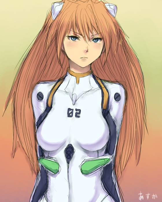 fumio (rsqkr), ayanami rei, souryuu asuka langley, neon genesis evangelion, >:(, 1girl, angry, ayanami rei (cosplay), blue eyes, blush, bodysuit, breasts, character name, cosplay, female focus, frown, gradient background, hair between eyes, hair ornament, impossible clothes, interface headset (evangelion), large breasts, long hair, mecha pilot suit, orange hair, parted lips, plugsuit (evangelion), red hair, sketch, solo, turtleneck, upper body, v-shaped eyebrows, very long hair