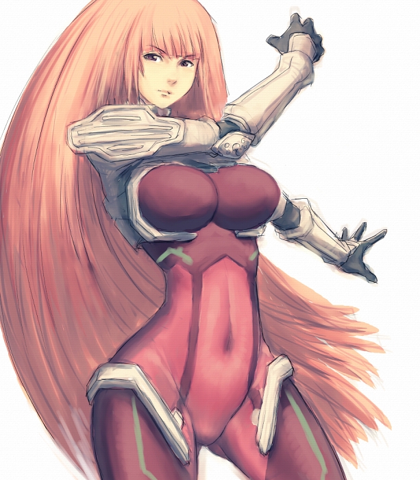 fumio (rsqkr), ken marinaris, zone of the enders, zone of the enders 2, 00s, 1girl, bodysuit, breasts, covered navel, curvy, female focus, hip focus, large breasts, long hair, orange hair, simple background, solo, very long hair, wide hips
