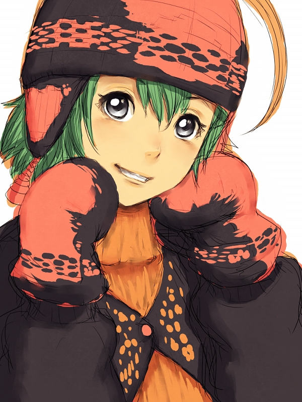 fumio (rsqkr), original, 1girl, beanie, female focus, green hair, grey eyes, grin, hat, head tilt, mittens, short hair, sketch, smile, solo, upper body