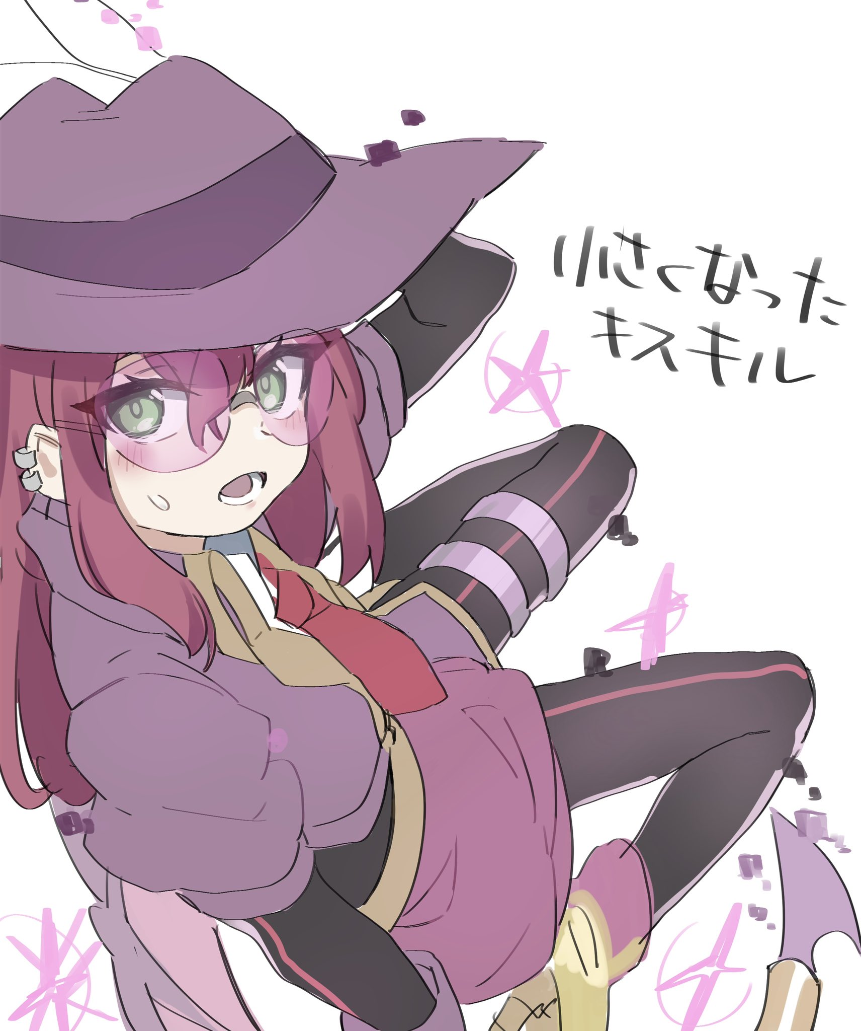 itoama 030, evil twin ki-sikil, ki-sikil (yu-gi-oh!), yu-gi-oh!, highres, 1girl, black pantyhose, demon girl, demon wings, duel monster, green eyes, hat, jacket, looking at viewer, low wings, pantyhose, purple-tinted eyewear, purple hat, purple jacket, purple skirt, purple wings, red hair, simple background, sketch, skirt, solo, tinted eyewear, white background, wings