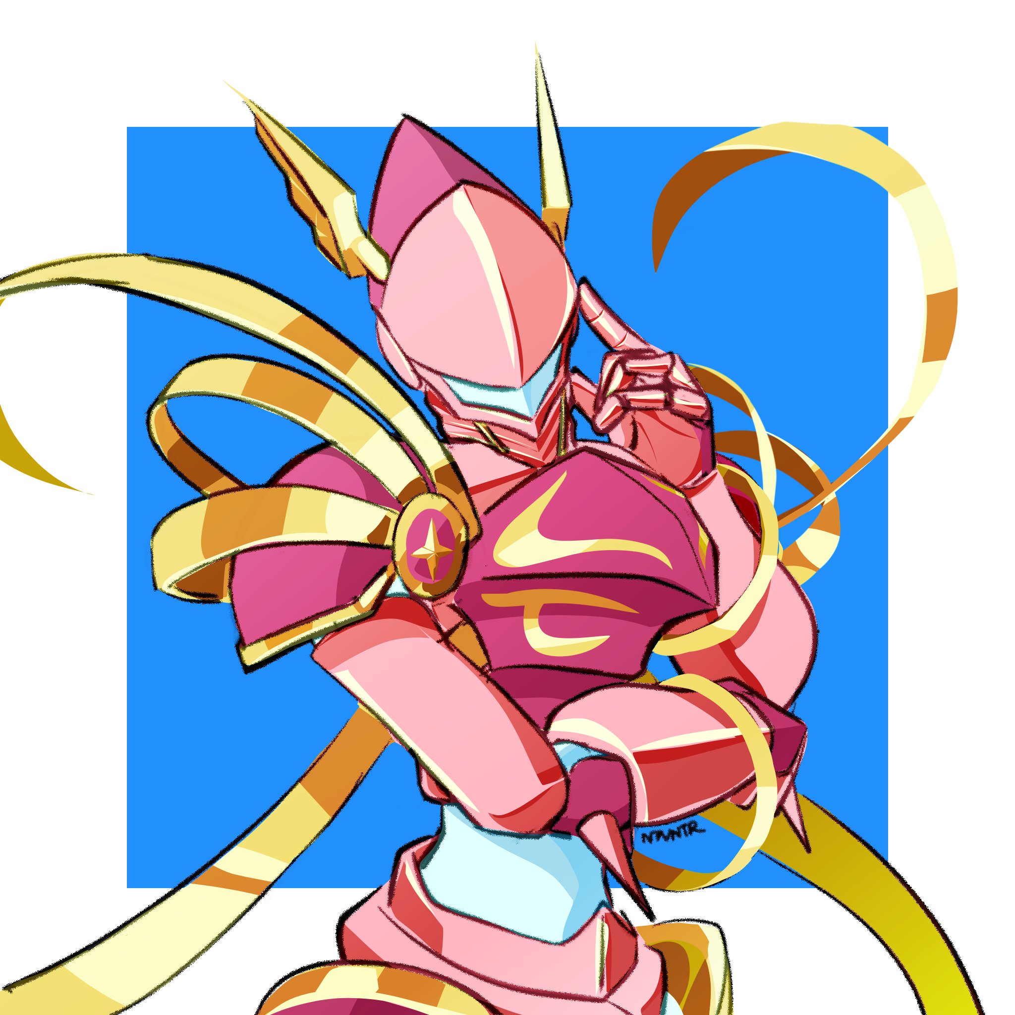 notaventura, lordknightmon, digimon, highres, armor, blue background, border, digimon (creature), helmet, knight, pink armor, pink helmet, ribbon, simple background, solo, upper body, white border, yellow ribbon
