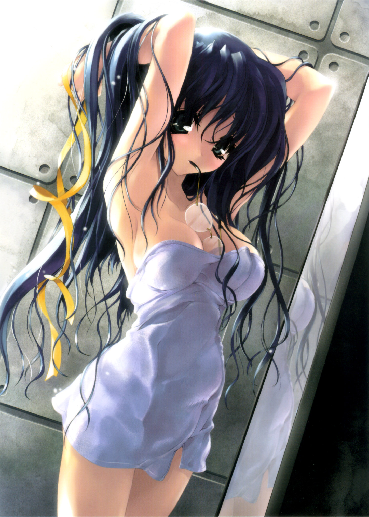 miwa yoshikazu, highres, 1girl, adjusting hair, armpits, arms up, bath, between breasts, blue eyes, blue hair, breasts, cleavage, female focus, glasses, hair ribbon, impossible towel, long hair, matching hair/eyes, mouth hold, naked towel, ribbon, solo, towel, wet, wet clothes