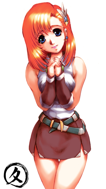 hisahiko, cliana rimskaya, banpresto, super robot wars, super robot wars destiny, 1girl, blouse, blue eyes, breasts, cowboy shot, earrings, female focus, head tilt, jewelry, miniskirt, orange hair, own hands clasped, own hands together, shirt, simple background, skirt, sleeveless, sleeveless shirt, solo, stud earrings, white background, white shirt