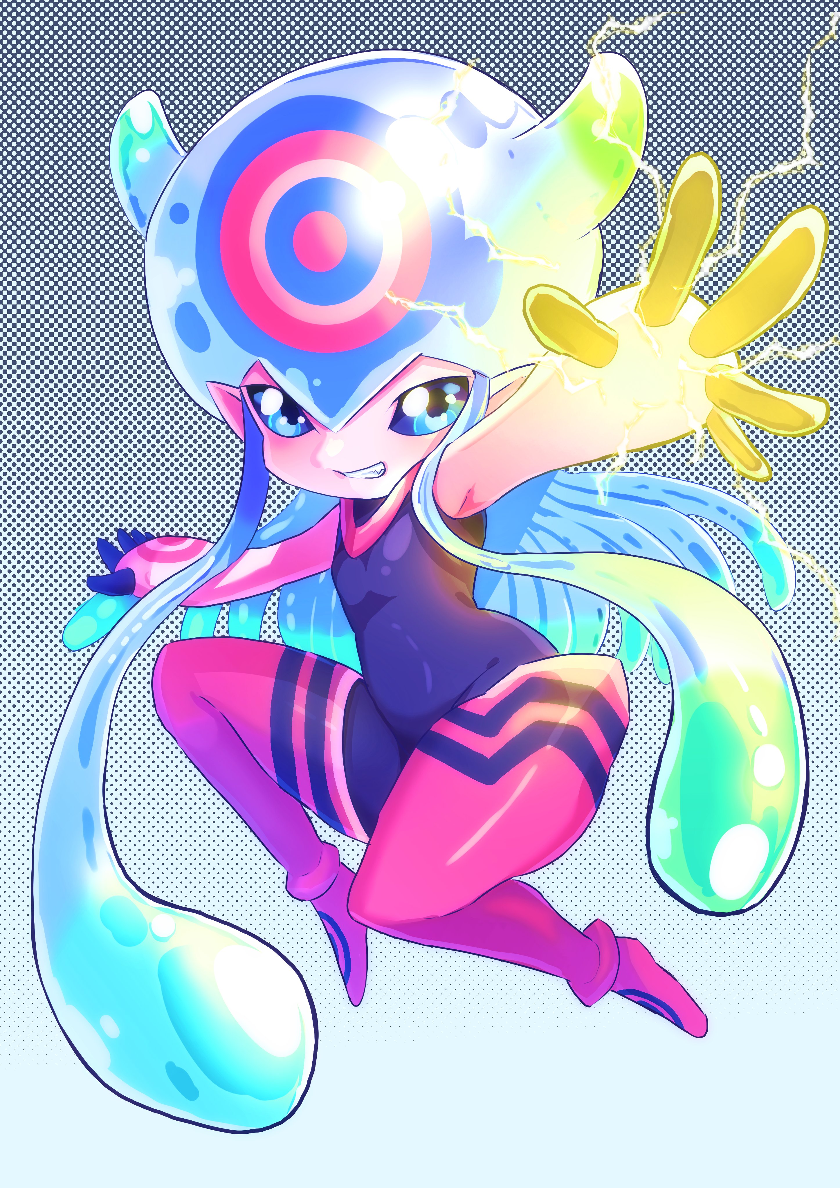 hasegawa (hase popopo), jellymon, digimon, absurdres, highres, 1girl, black background, black bodysuit, blue eyes, blue hair, bodysuit, colored skin, digimon (creature), electricity, full body, pink skin, pointy ears, polka dot, polka dot background, solo, tentacle hair, white background