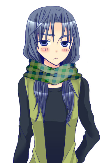 asakura ryoko, suzumiya haruhi no yuuutsu, 00s, 1girl, blue eyes, blue hair, blush, female focus, long hair, matching hair/eyes, scarf, simple background, solo, vest