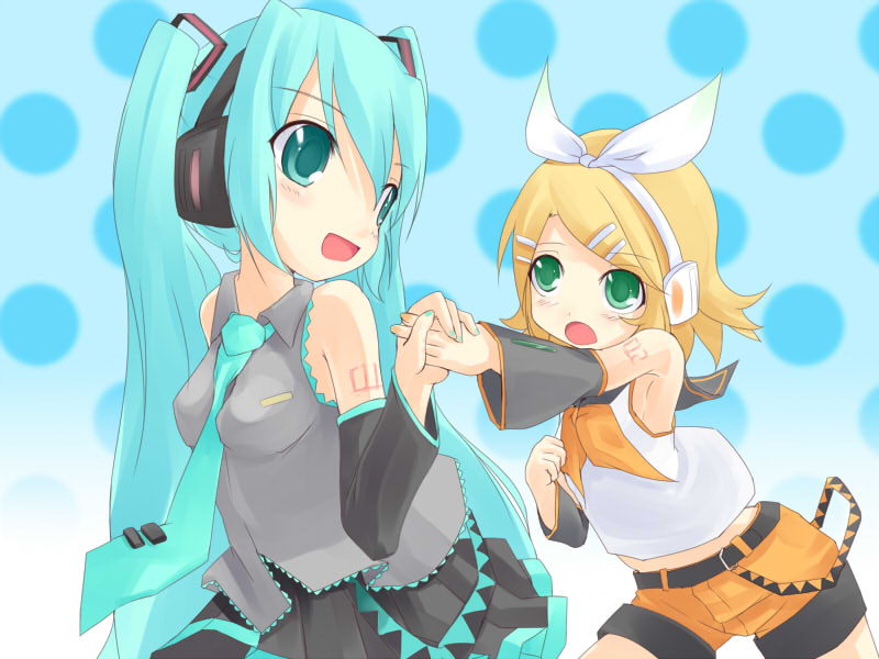 kuro (be ok), hatsune miku, kagamine rin, vocaloid, 2girls, bad anatomy, blonde hair, green eyes, green hair, long hair, multiple girls, poorly drawn, skirt, very long hair