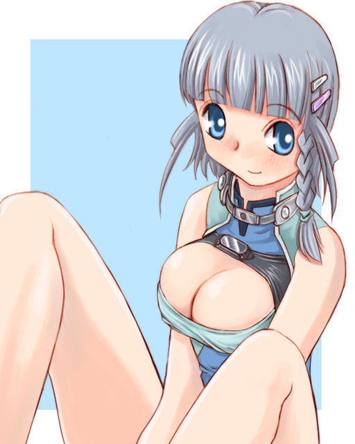 hoshikuzu junction, seolla schweizer, banpresto, super robot wars, blue eyes, breasts, breasts squeezed together, cleavage, huge breasts, large breasts, smile, solo