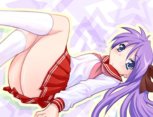 hoshikuzu junction, hiiragi kagami, lucky star, 00s, 1girl, blue eyes, closed mouth, female focus, long hair, lying, purple hair, school uniform, serafuku, solo