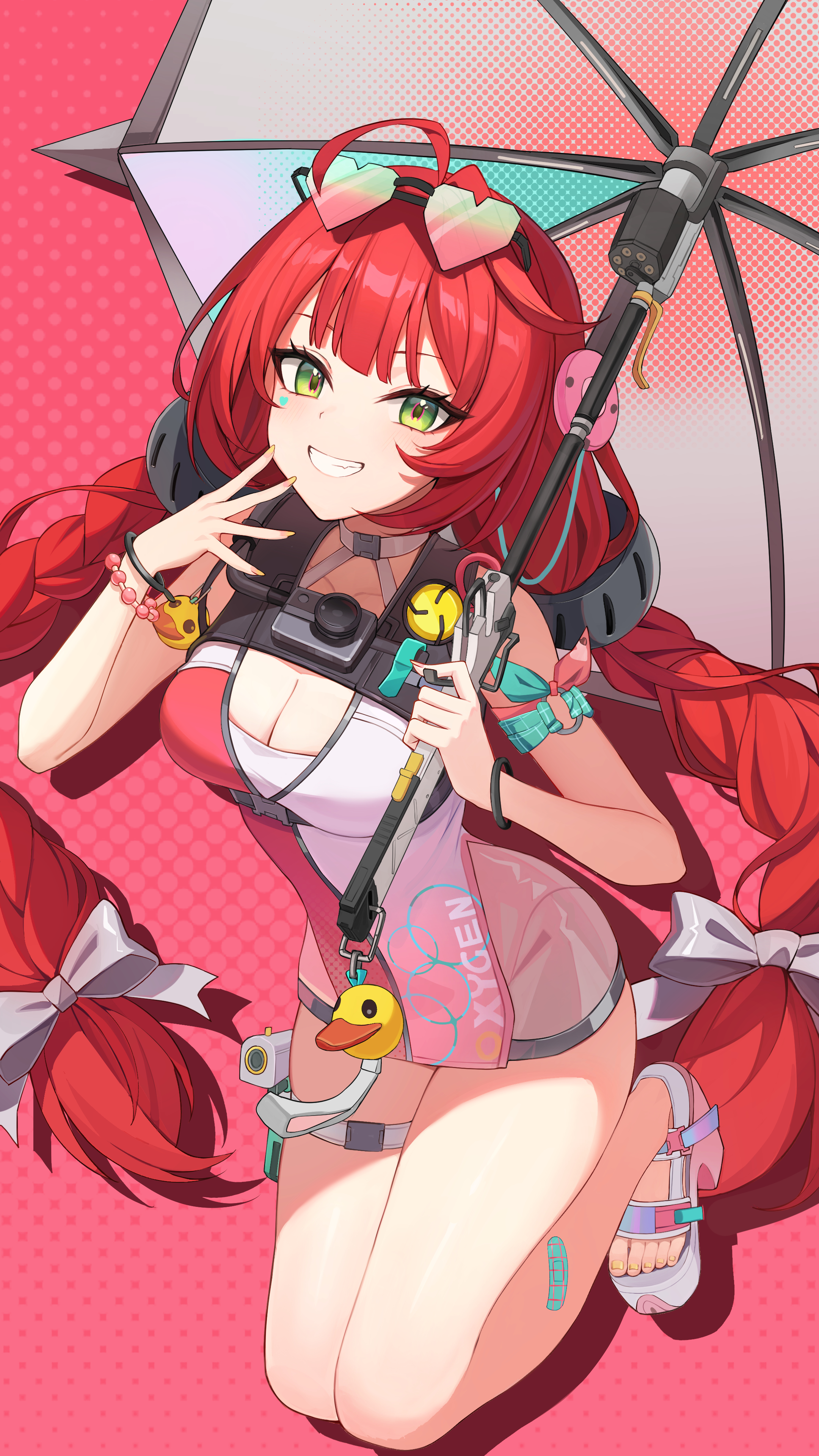 yumekanau, ukinami yuzuha, ukinami yuzuha (tanuki in broad daylight), zenless zone zero, absurdres, commentary request, highres, 1girl, ahoge, bandaid, bow, braid, breasts, cable, cleavage, eyewear on head, green eyes, grin, hair bow, heart, heart-shaped eyewear, long hair, looking at viewer, low twin braids, official alternate costume, one-piece swimsuit, red background, red hair, sandals, simple background, smile, swimsuit, thigh strap, toenails, twin braids, umbrella, white bow, yellow nails