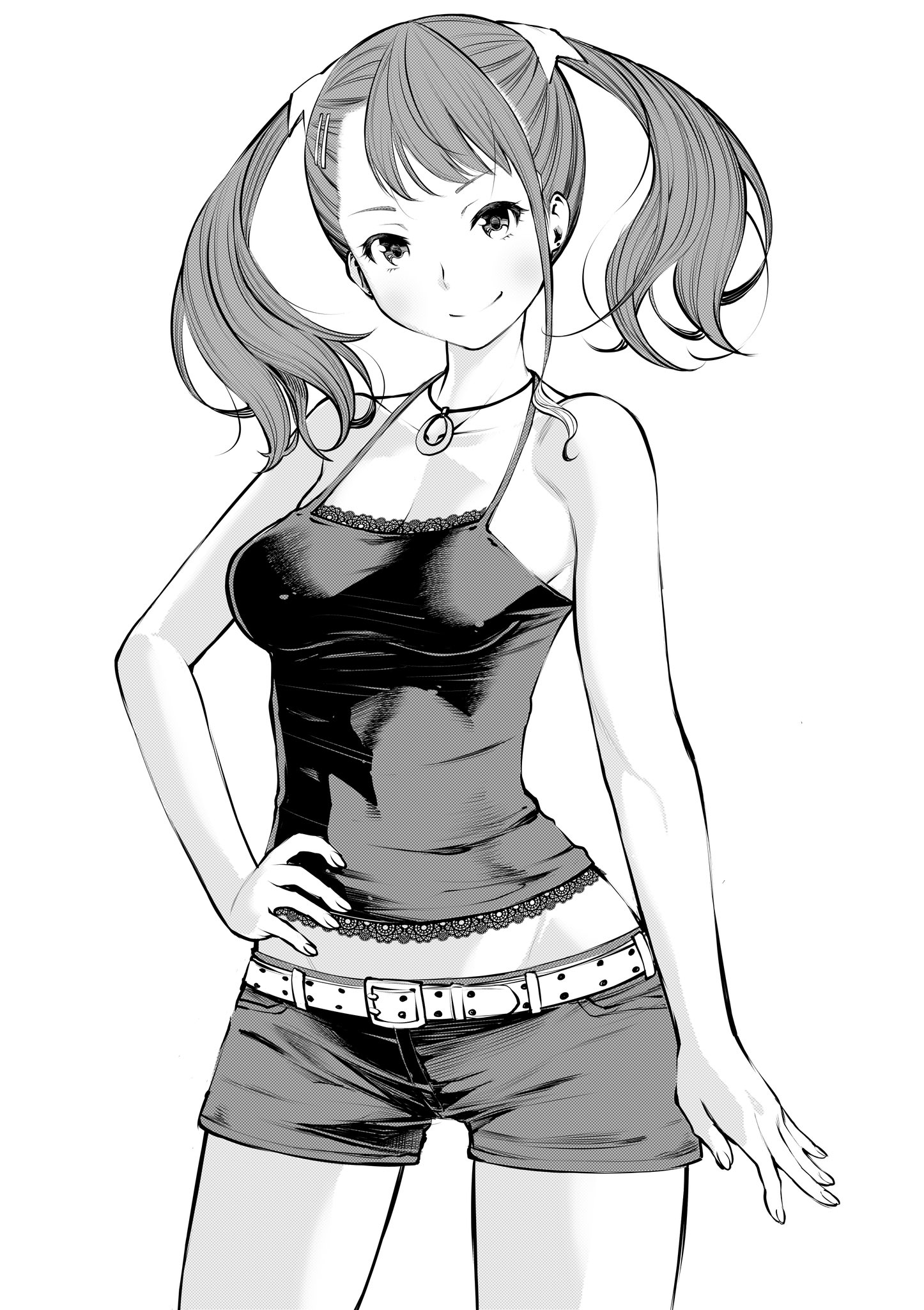 fukushima masayasu, anjou naruko, ano hi mita hana no namae wo bokutachi wa mada shiranai., commentary, highres, 1girl, belt, breasts, collarbone, greyscale, hair ornament, hairclip, halterneck, hand on own hip, jewelry, looking at viewer, midriff, monochrome, necklace, parallel hairclips, shirt, short shorts, shorts, simple background, sleeveless, sleeveless shirt, smile, solo, twintails