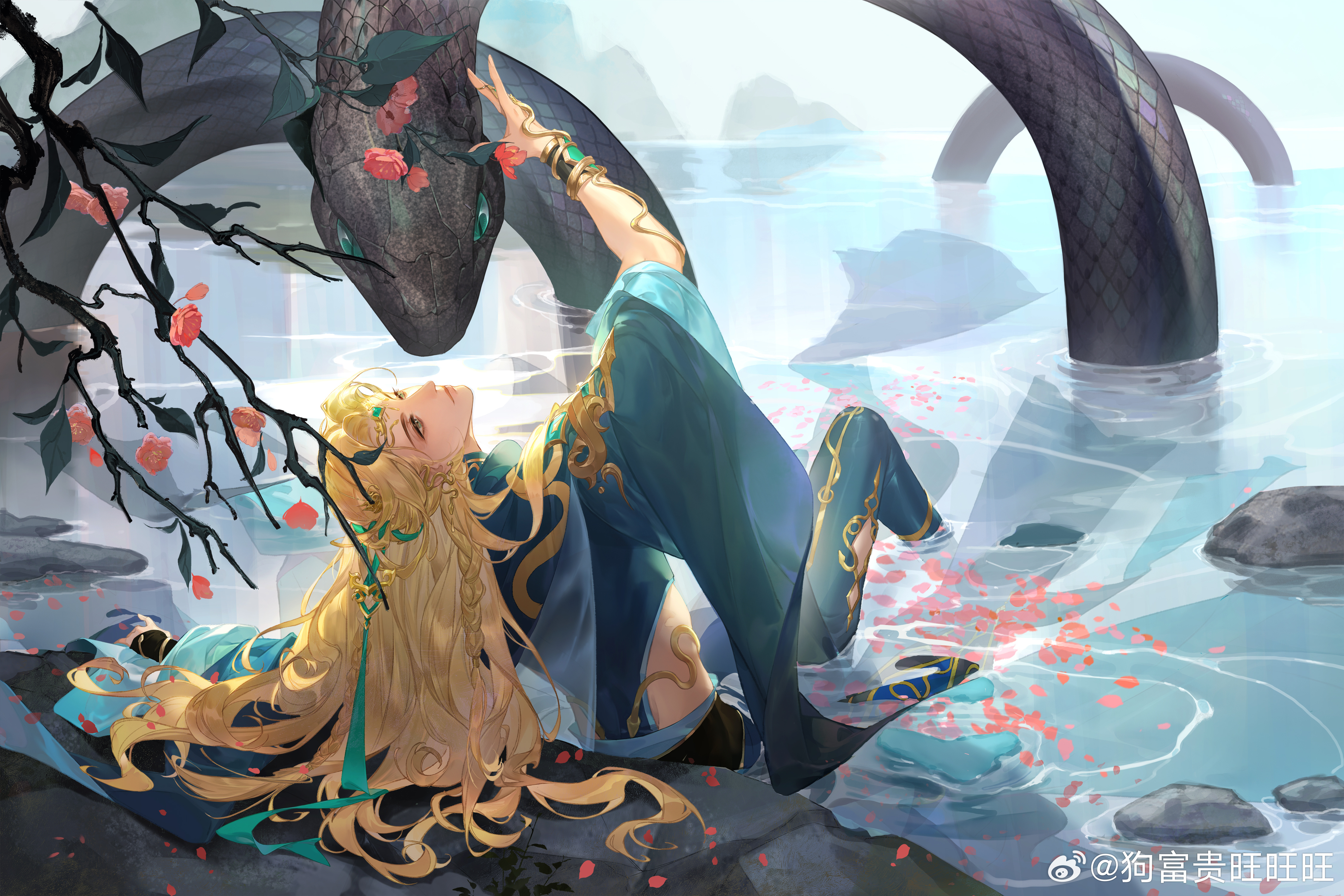 gou fu gui wang wang wang, absurdres, chinese commentary, highres, 1boy, animal, aqua eyes, aqua pants, aqua robe, arm up, bracer, braid, branch, chinese clothes, circlet, closed mouth, clothing cutout, day, earrings, feet out of frame, flower, from behind, giant snake, gold circlet, gold trim, green ribbon, hair ribbon, hip vent, jewelry, knee up, lake, leaning back, lips, long hair, looking at animal, looking up, male focus, mountainous horizon, outdoors, oversized animal, pants, partially submerged, petals, petals on liquid, pink flower, ribbon, ripples, robe, rock, see-through clothes, shallow water, shirt, side braid, sitting, snake, snake armband, snake earrings, solo, three-quarter sleeves, water, watermark, weibo watermark, white shirt, wide sleeves, yao guang lu