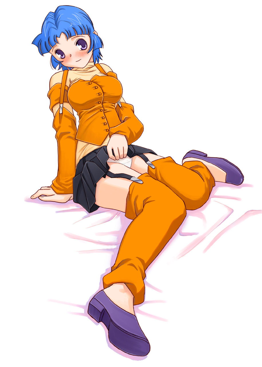 hoshikuzu junction, kusuha mizuha, banpresto, super robot wars, highres, clothes lift, miniskirt, panties, skirt, skirt lift, solo, thighhighs, underwear, white panties
