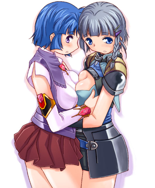 hoshikuzu junction, kusuha mizuha, seolla schweizer, banpresto, super robot wars, 2girls, blue eyes, blue hair, breast press, breasts, cleavage, large breasts, miniskirt, multiple girls, short hair, skirt, symmetrical docking, yuri