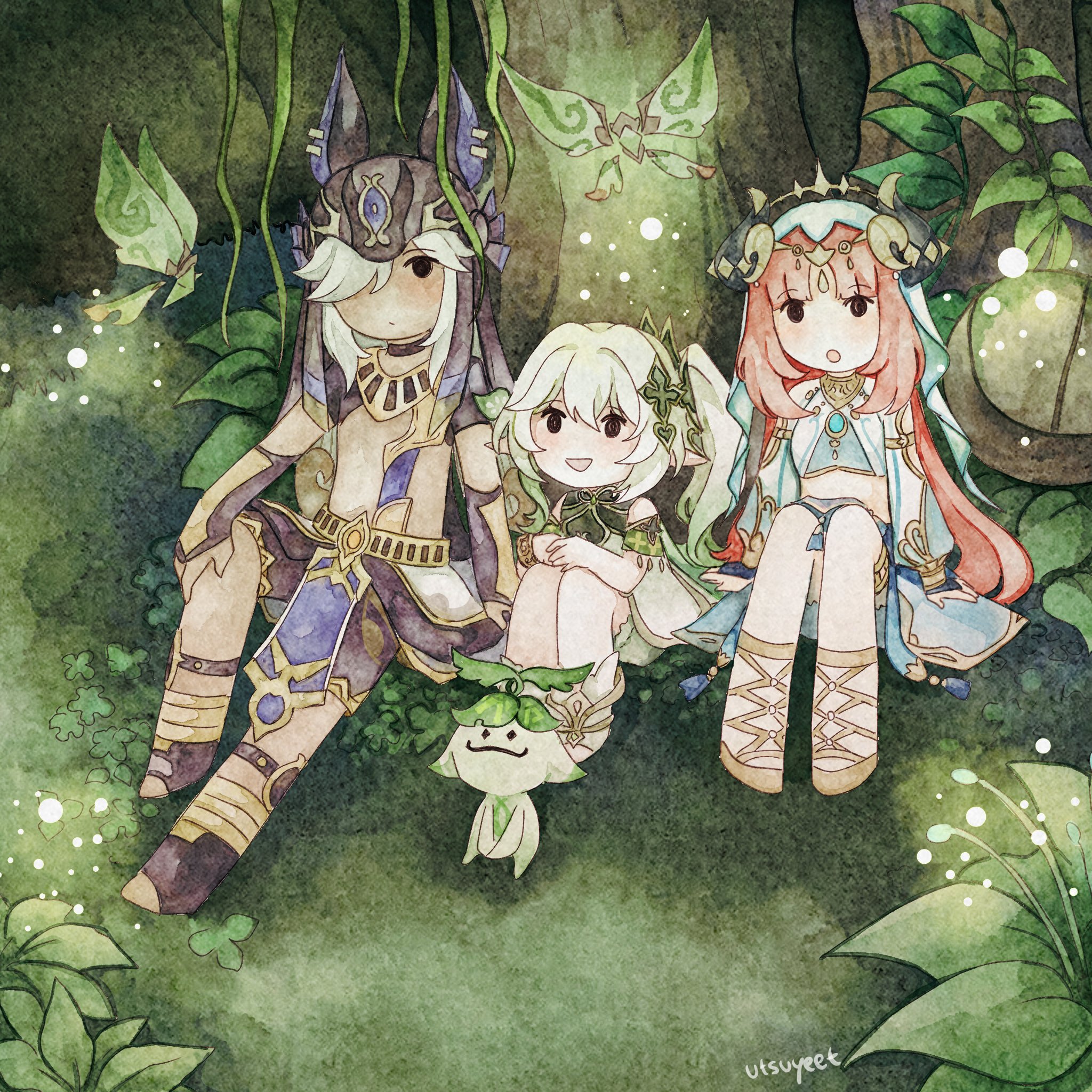utsuyeet, aranara (genshin impact), crystalfly (genshin impact), cyno (genshin impact), nahida (genshin impact), nilou (genshin impact), genshin impact, highres, 1boy, 2girls, animal hood, black shorts, blue veil, crop top, dress, hood, leaf, long hair, multiple girls, nature, outdoors, red hair, shorts, side ponytail, tree, veil, white background, white dress
