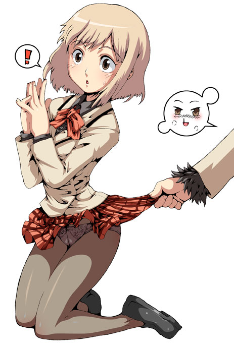 caryo, tabigarasu, andou nene, nonomura ayumi, hyakko, 00s, 2girls, blood, blush, brown eyes, brown hair, clothes lift, crotch seam, female pervert, multiple girls, nosebleed, panties, panties under pantyhose, pantyhose, pervert, school uniform, serafuku, short hair, skirt, skirt lift, solo focus, surprised, sweat, underwear, yuri