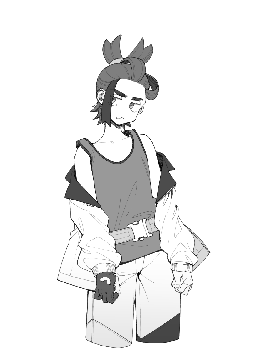 poo (pitind), kieran (pokemon), nintendo, pokemon, pokemon sv, highres, 1boy, cropped legs, gloves, greyscale, jacket, long sleeves, monochrome, off shoulder, open clothes, open jacket, partially fingerless gloves, scowl, shorts, simple background, single glove, solo, tank top
