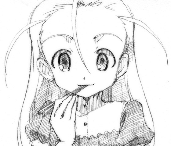 gofu, elise von dietrich, sky girls, traditional media, 00s, 1girl, chopsticks, closed mouth, female focus, greyscale, hair between eyes, holding, light smile, long hair, looking at viewer, monochrome, puffy short sleeves, puffy sleeves, short sleeves, sketch, smile, solo, upper body