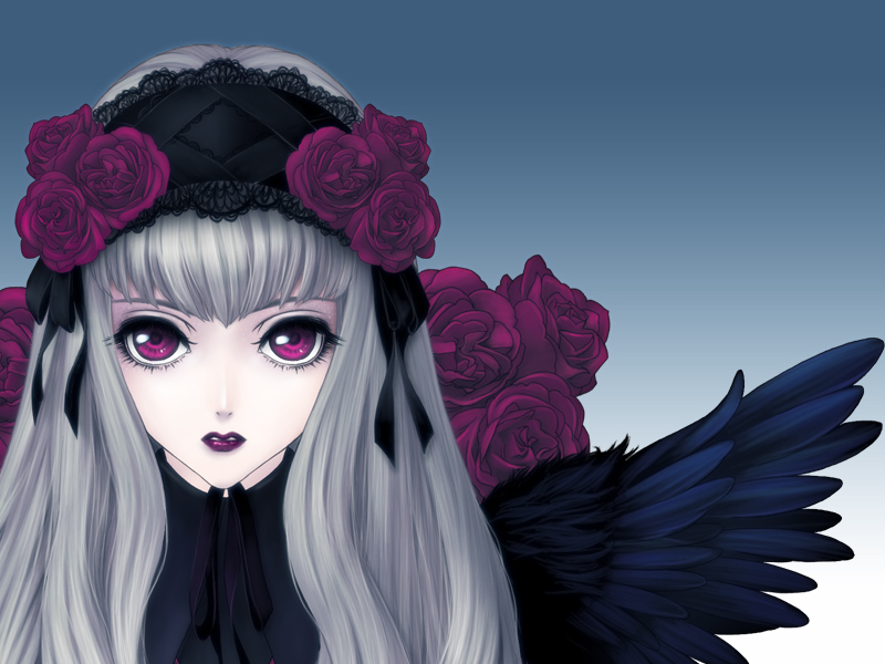 kunishige keiichi, suigintou, original, rozen maiden, 00s, 1girl, bird wings, black wings, blue background, chin strap, expressionless, feathered wings, female focus, flower, gothic lolita, gradient background, grey hair, hairband, lace, lips, lipstick, lolita fashion, lolita hairband, long hair, looking at viewer, makeup, pale skin, parted lips, purple eyes, purple flower, purple rose, rose, solo, upper body, wings
