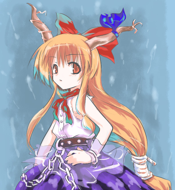 myau, ibuki suika, touhou, 1girl, :o, belt, blue skirt, blush, bow, bowtie, chain, female focus, hair bow, horns, long hair, looking at viewer, low-tied long hair, orange hair, parted lips, red bow, red bowtie, red eyes, shirt, skirt, solo, very long hair, white shirt, wrist cuffs