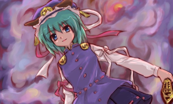 myau, shiki eiki, touhou, 1girl, aqua hair, blue eyes, blush, bow, dutch angle, female focus, hat, ribbon, rod of remorse, short hair, skirt, solo