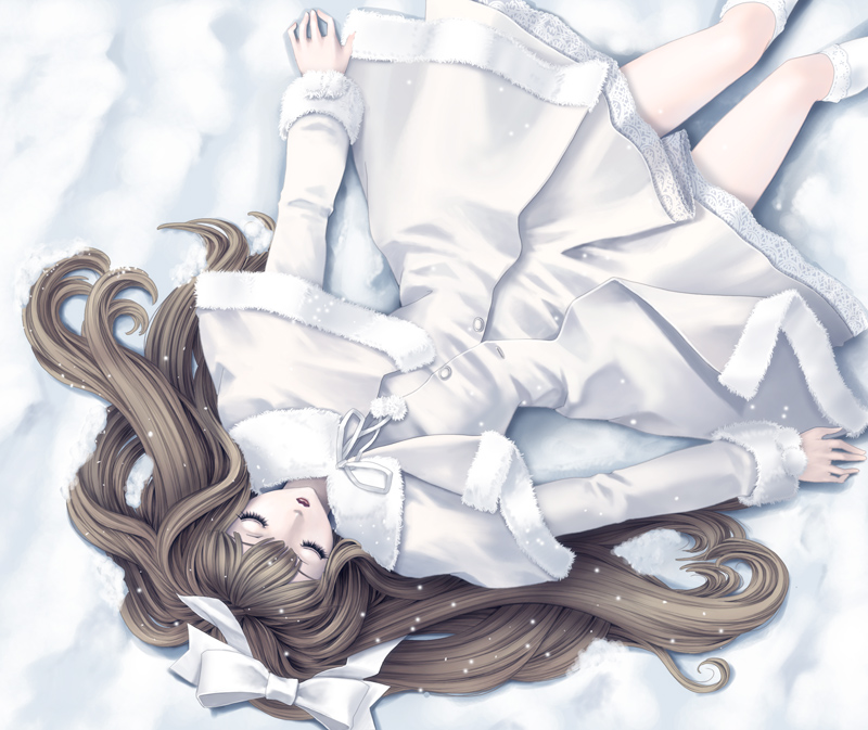 kunishige keiichi, original, lace-trimmed legwear, 1girl, bow, brown hair, capelet, closed eyes, coat, female focus, from above, fur trim, hair ribbon, kneehighs, lace, lace trim, lipstick, lolita fashion, long hair, lying, makeup, on back, outdoors, pom pom (clothes), ribbon, sleeping, snow, snowing, socks, solo, white ribbon, white socks, winter, winter clothes