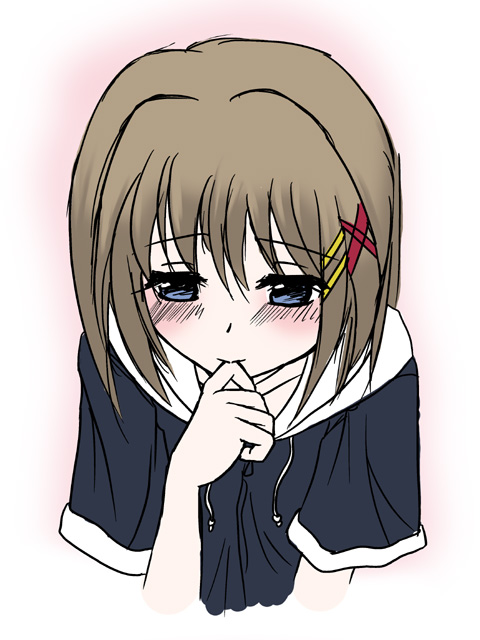 frapowa, yagami hayate, lyrical nanoha, mahou shoujo lyrical nanoha, mahou shoujo lyrical nanoha a's, biting finger, 00s, 1girl, biting, blue eyes, blush, brown hair, female focus, hair ornament, hairclip, hand to own mouth, scared, short sleeves, simple background, solo, upper body, white background, x hair ornament