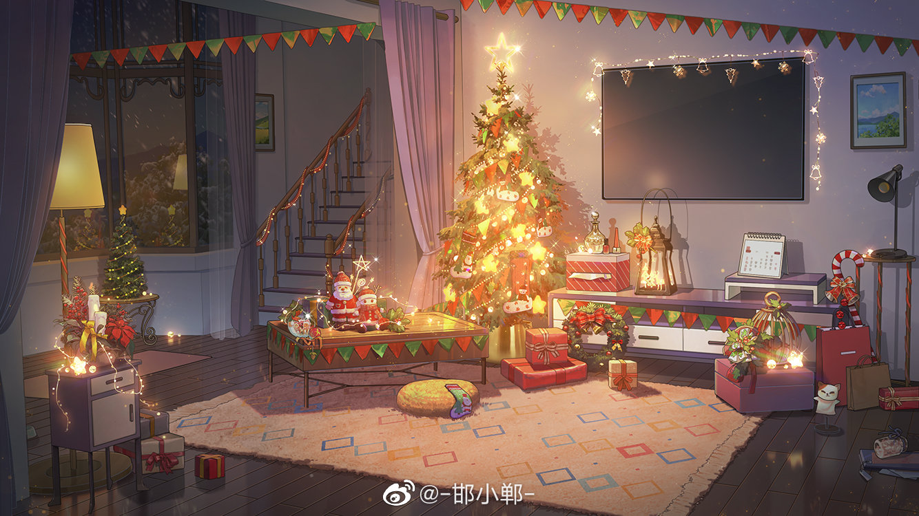 hanxiaodan, lovebrush chronicles, official art, bag, bell, birdcage, book, bottle, box, cabinet, cage, calendar (object), candle, candy, candy cane, chabudai (table), christmas, christmas lights, christmas ornaments, christmas present, christmas stocking, christmas tree, christmas wreath, cosmetics, curtains, cushion, doll, fairy lights, flower, food, gift, gift box, holly, indoors, jar, lamp, mini snowman, nail polish bottle, night, no humans, perfume bottle, photo (object), picture frame, poinsettia, puppet, red flower, rug, santa doll, scenery, shopping bag, snow globe, stairs, star (symbol), string of flags, table, television, tissue box, tree, window, wooden floor, wreath