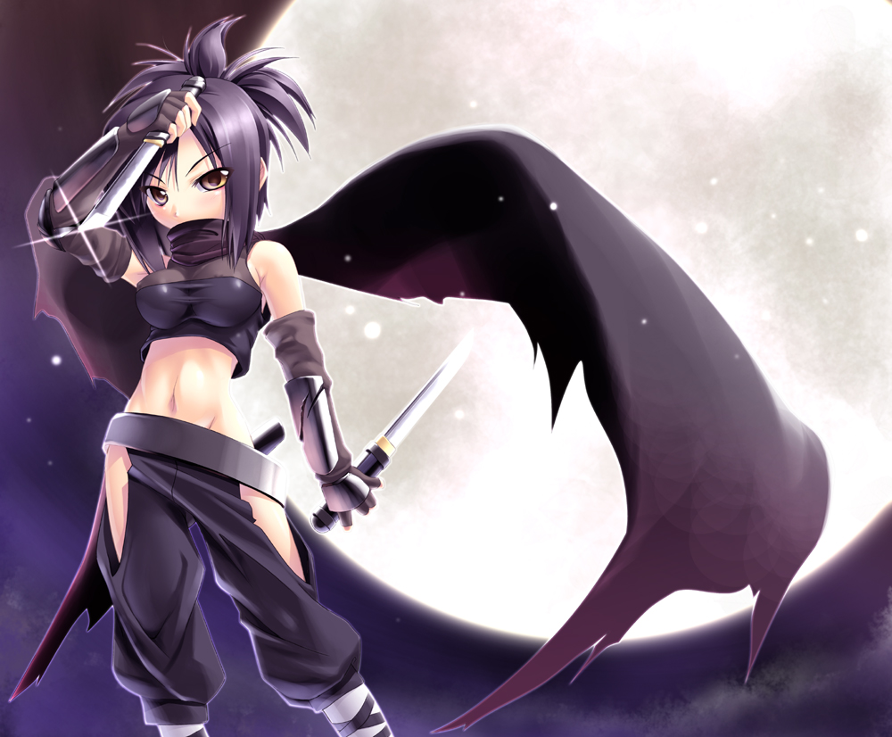 tachibana surimu, ayame (tenchuu), acquire, fromsoftware, tenchu, tenchuu, blade, 1girl, bare shoulders, clothing cutout, elbow gloves, female focus, gloves, groin, hip vent, midriff, navel, ninja, scarf, sleeveless, solo, sword, weapon