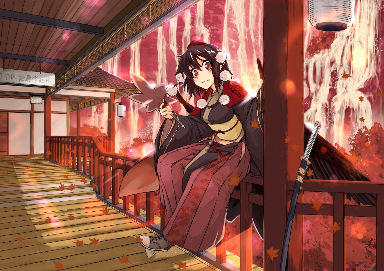 irue, shameimaru aya, touhou, commentary request, 1girl, architecture, black hair, black kimono, capelet, east asian architecture, feathered wings, fence, full body, hakama, hakama pants, hat, japanese clothes, kimono, lantern, looking at viewer, obi, pants, pink pants, pom pom (clothes), red capelet, red eyes, sash, short hair, sitting, solo, tengu, tokin hat, water, waterfall, wide sleeves, wings, wooden floor