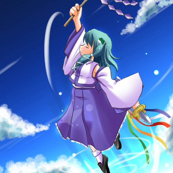 bedrawbox, mizushima kai, kochiya sanae, touhou, 1girl, blue skirt, closed eyes, dagger, detached sleeves, dual wielding, female focus, flying, frog hair ornament, gohei, green hair, hair ornament, holding, holding weapon, knife, loafers, long sleeves, nontraditional miko, shoes, short hair, skirt, snake hair ornament, solo, vest, weapon