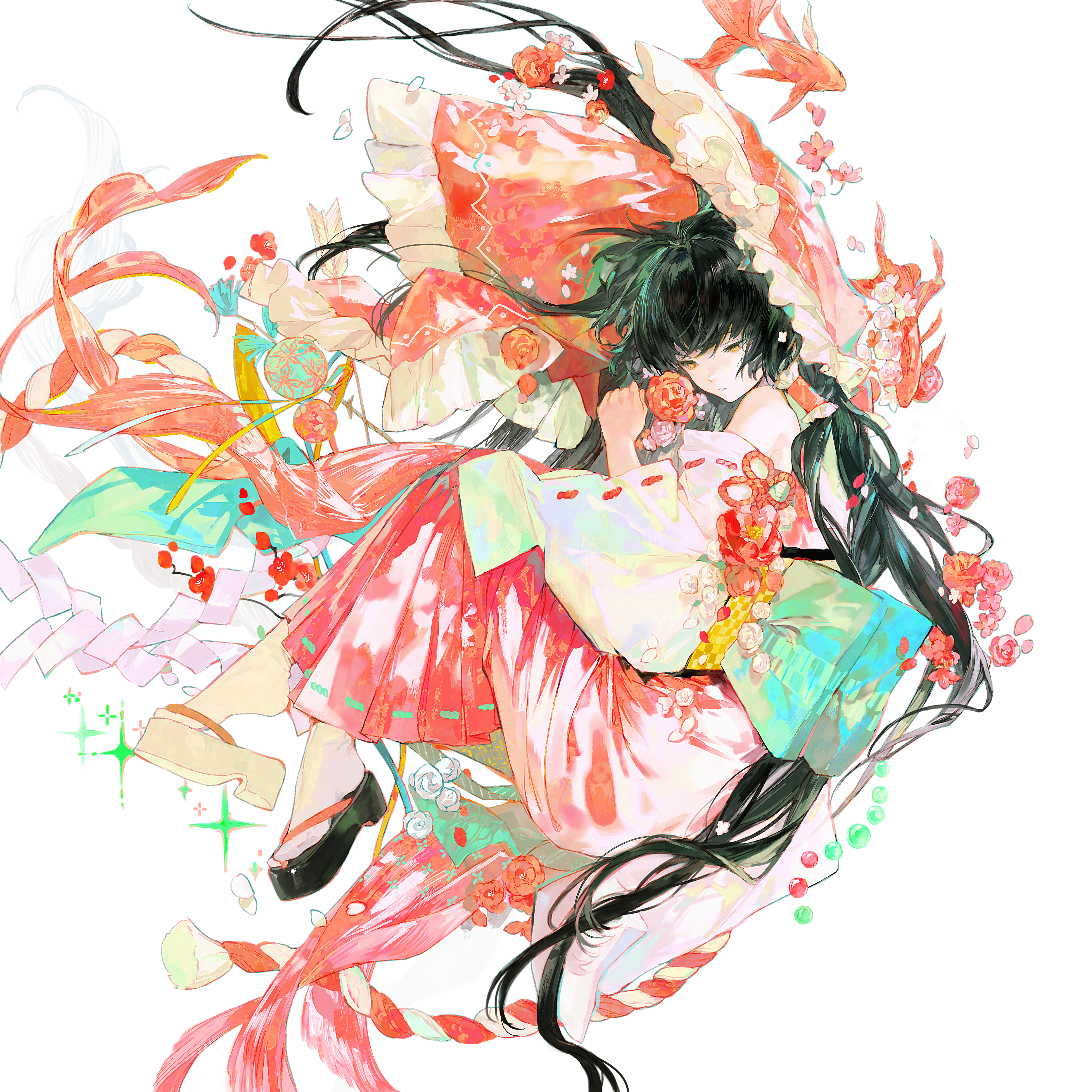 cui (jidanhaidaitang), hakurei reimu, touhou, absurdres, commentary request, highres, 1girl, asymmetrical footwear, black hair, fish, flower, from side, full body, gohei, goldfish, hair flower, hair ornament, hair tubes, hakama, japanese clothes, kouhaku nawa, long hair, miko, mismatched footwear, okobo, parted lips, platform sandals, red hakama, rope, sandals, shimenawa, simple background, socks, solo, tabi, very long hair, white background, white socks, wide sleeves, yellow eyes