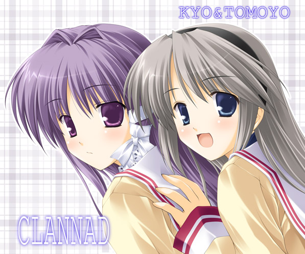 fujibayashi kyou, sakagami tomoyo, clannad, 00s, 2girls, :d, blonde hair, blue eyes, hair intakes, long hair, long sleeves, looking at viewer, multiple girls, open mouth, purple eyes, purple hair, sailor collar, school uniform, serafuku, smile, very long hair