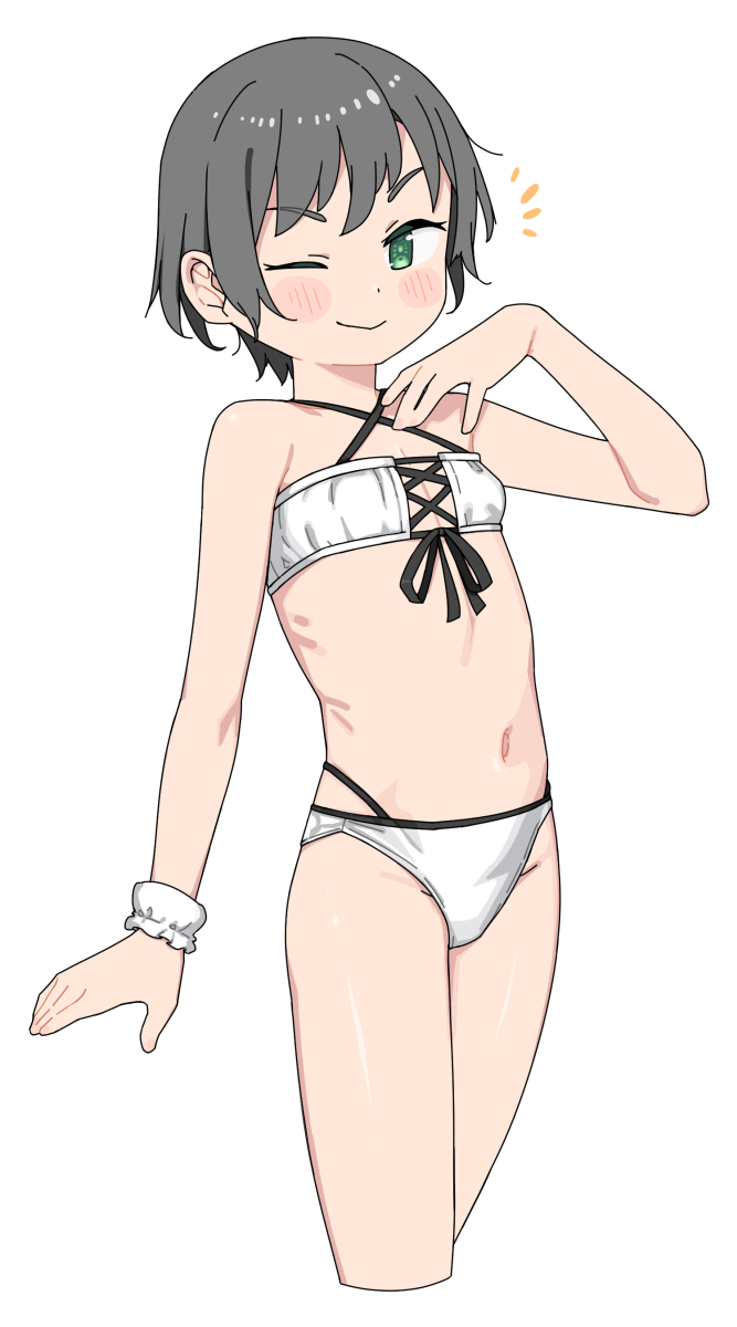 saiste, original, highres, 1girl, ;), aqua eyes, arm at side, bare shoulders, bikini, black hair, blush stickers, closed mouth, cowboy shot, criss-cross halter, cropped legs, flat chest, halterneck, looking at viewer, multi-strapped bikini bottom, navel, notice lines, one eye closed, scrunchie, short hair, simple background, smile, solo, stomach, swimsuit, v-shaped eyebrows, white background, white bikini, wrist scrunchie