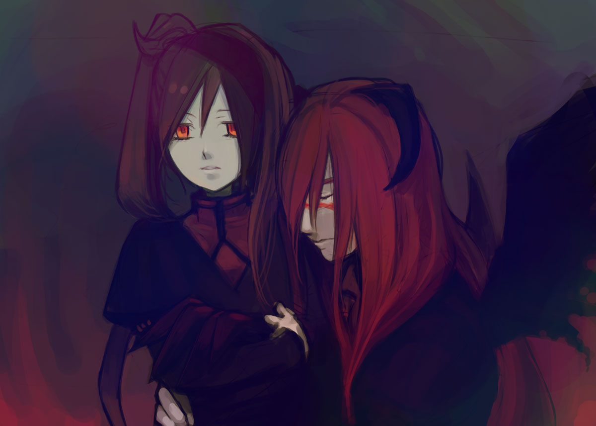 hajimenimodoru, layla (sound horizon), shaytan, shaytan (sound horizon), seisen no iberia, sound horizon, 1boy, 1girl, closed eyes, demon boy, headband, hetero, horns, hug, long hair, mid, red eyes, red hair, turtleneck, wings