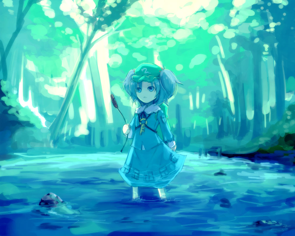 hajimenimodoru, kawashiro nitori, touhou, 1girl, female focus, hat, mid, nature, outdoors, plant, skirt, solo, two side up, wading, water
