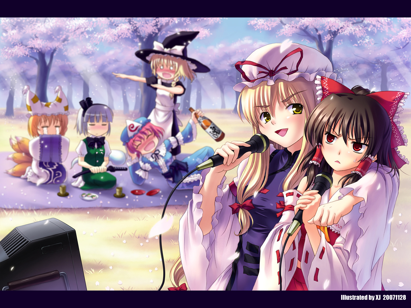xiaojing, xj (artist), hakurei reimu, kirisame marisa, konpaku youmu, konpaku youmu (ghost), saigyouji yuyuko, yakumo ran, yakumo yukari, touhou, highres, md5 mismatch, resolution mismatch, source smaller, 2007, 6+girls, alcohol, animal hat, blonde hair, blush, bottle, brown hair, cherry blossoms, detached sleeves, dress, drunk, female focus, fox tail, hanami, hands in opposite sleeves, hat, hitodama, japanese clothes, karaoke, katana, letterboxed, long hair, long sleeves, microphone, miko, mob cap, multiple girls, multiple tails, o o, petals, red eyes, scabbard, sheath, short hair, short sleeves, sitting, sword, tabard, tail, tassel, tree, trigram, weapon, white hair, wide sleeves, witch hat, yellow eyes