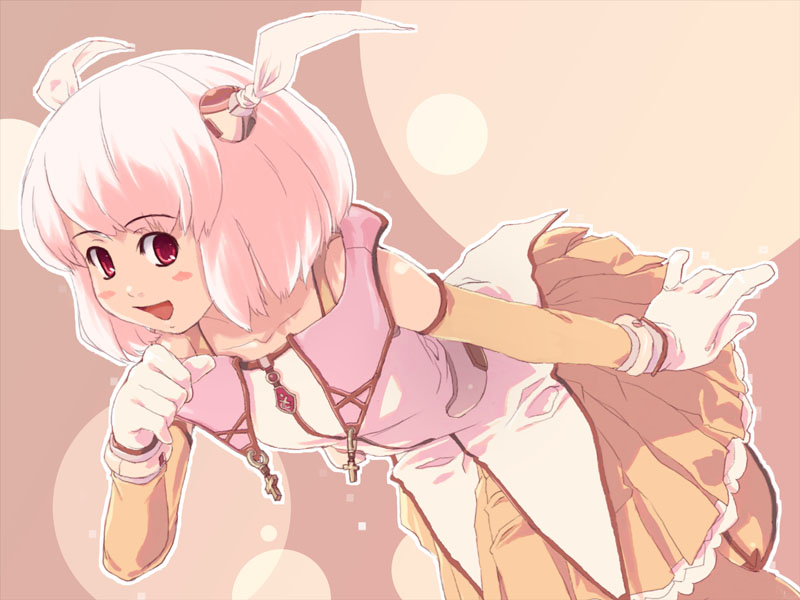 sys, sys (suisei), 1girl, female focus, gloves, pink hair, red eyes, solo